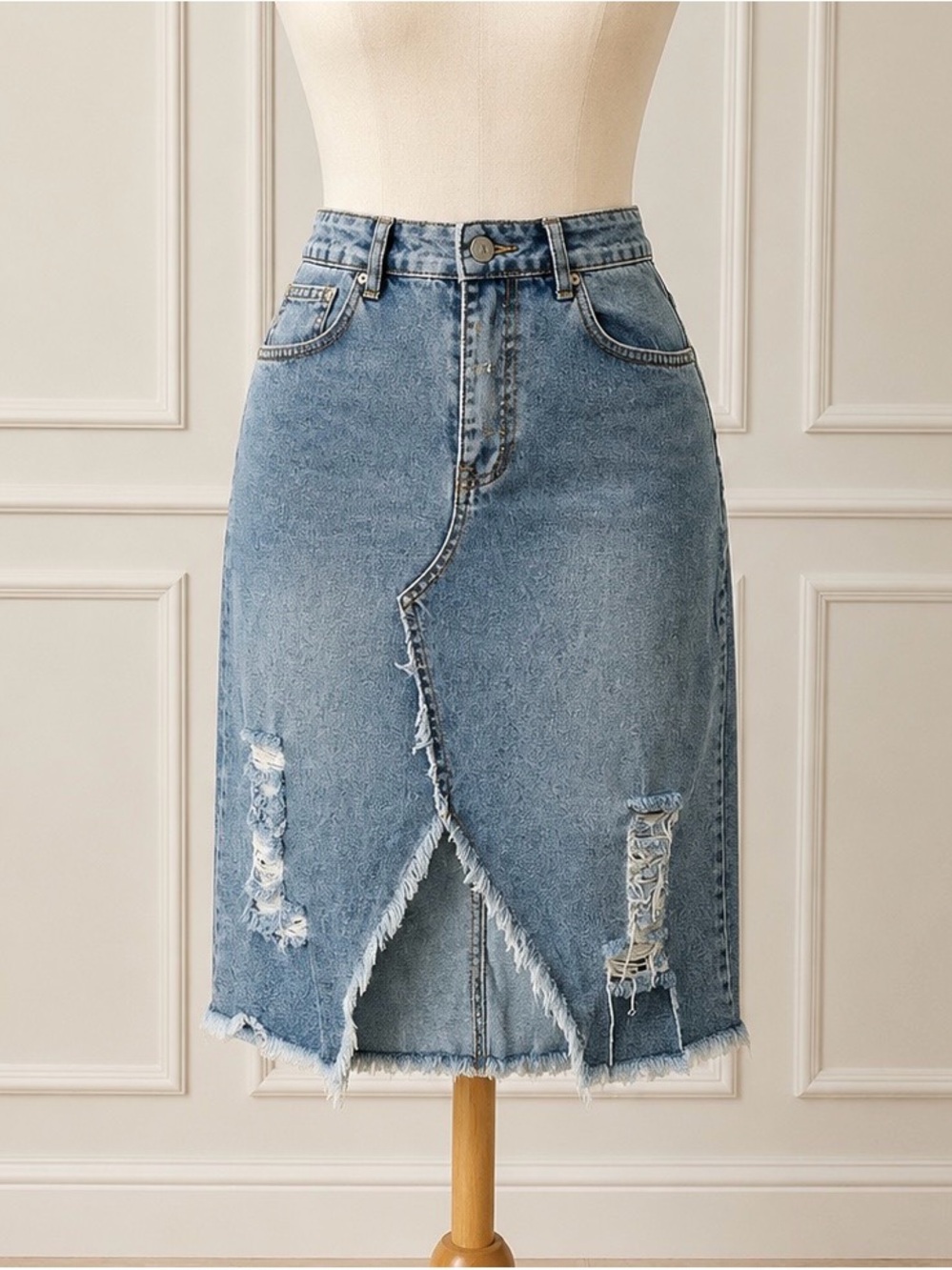 bebe plus Light Blue Distressed Denim Midi Skirt